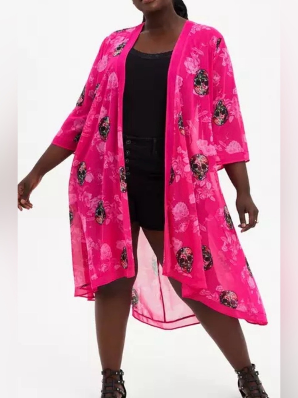 Plus Size Hot Pink Floral Skull Kimono Cardigan, 00